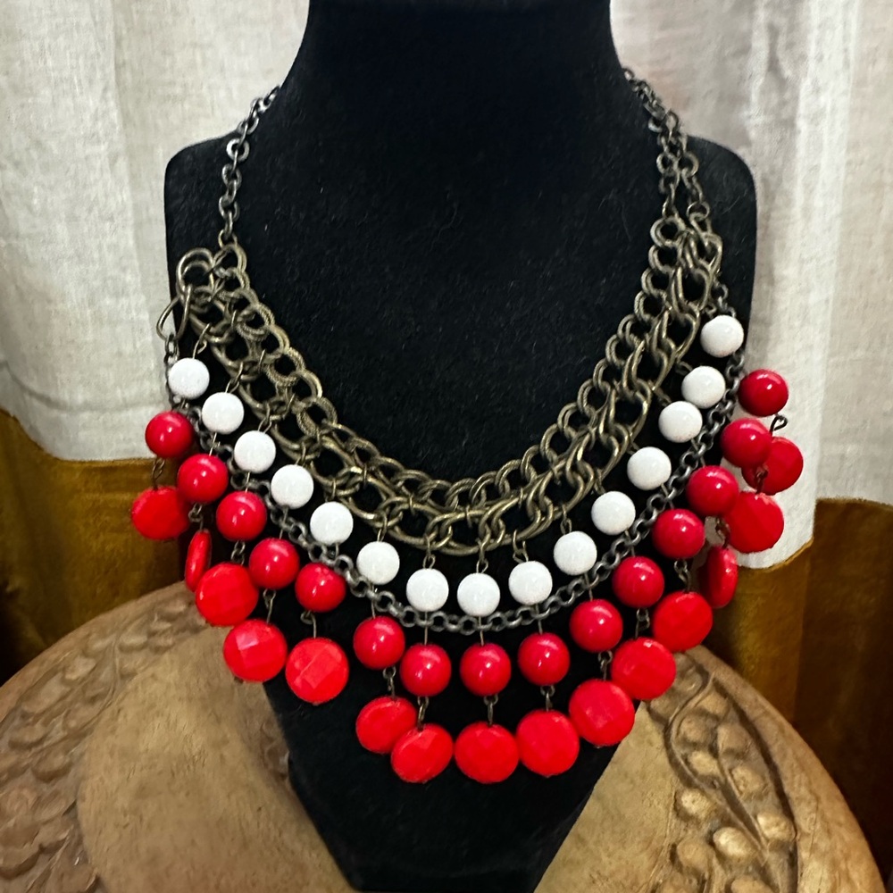 Red and White Beaded Statement Necklace
